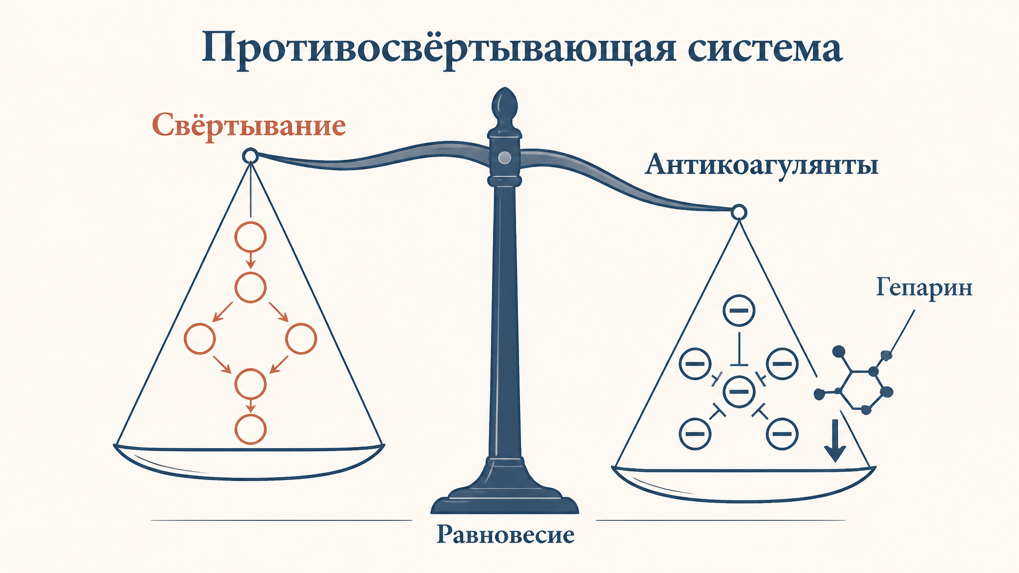Гемостаз как весы: на одной чаше каскад свёртывания, на другой естественные антикоагулянты и гепарин, удерживающие равновесие